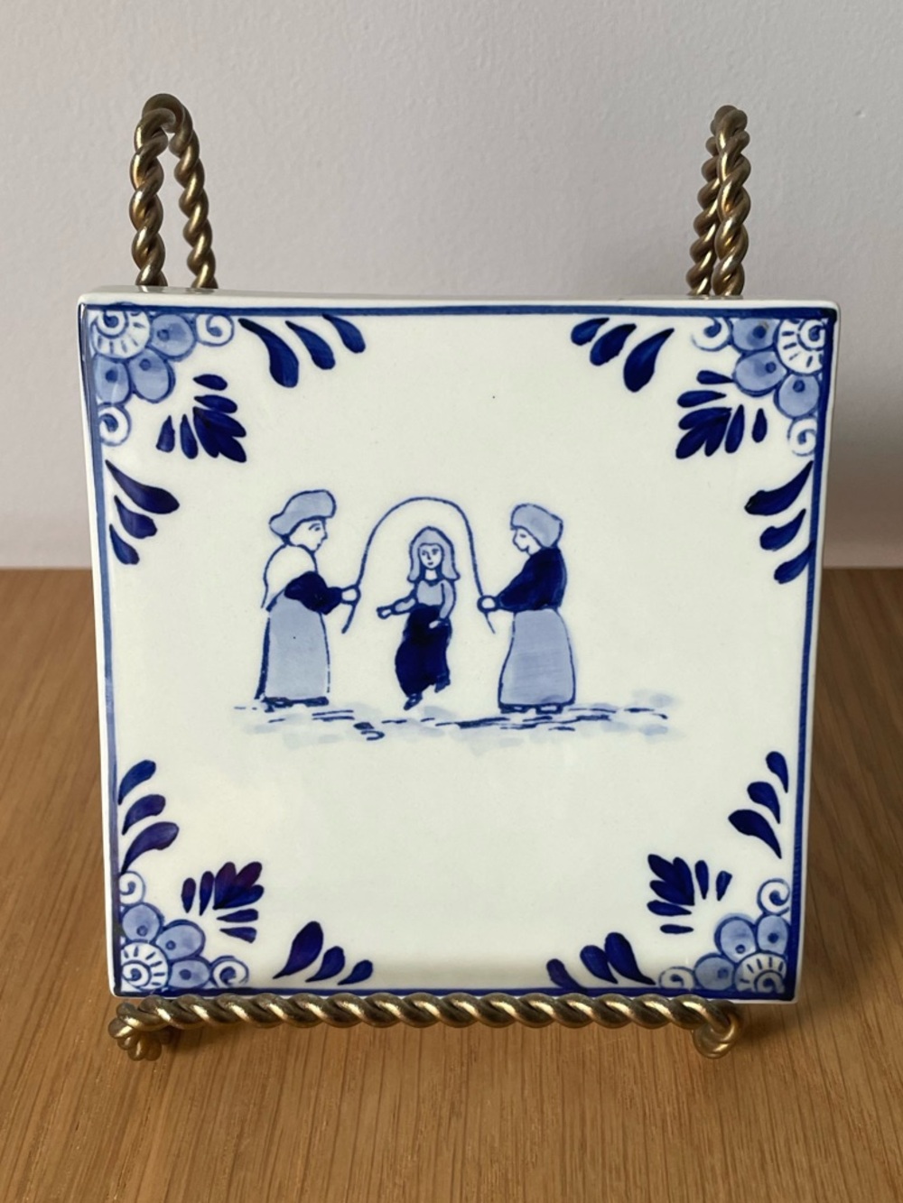 Vintage Delftsblauw Delft Blue and White Ceramic Tile with Jump Rope Folk Scene